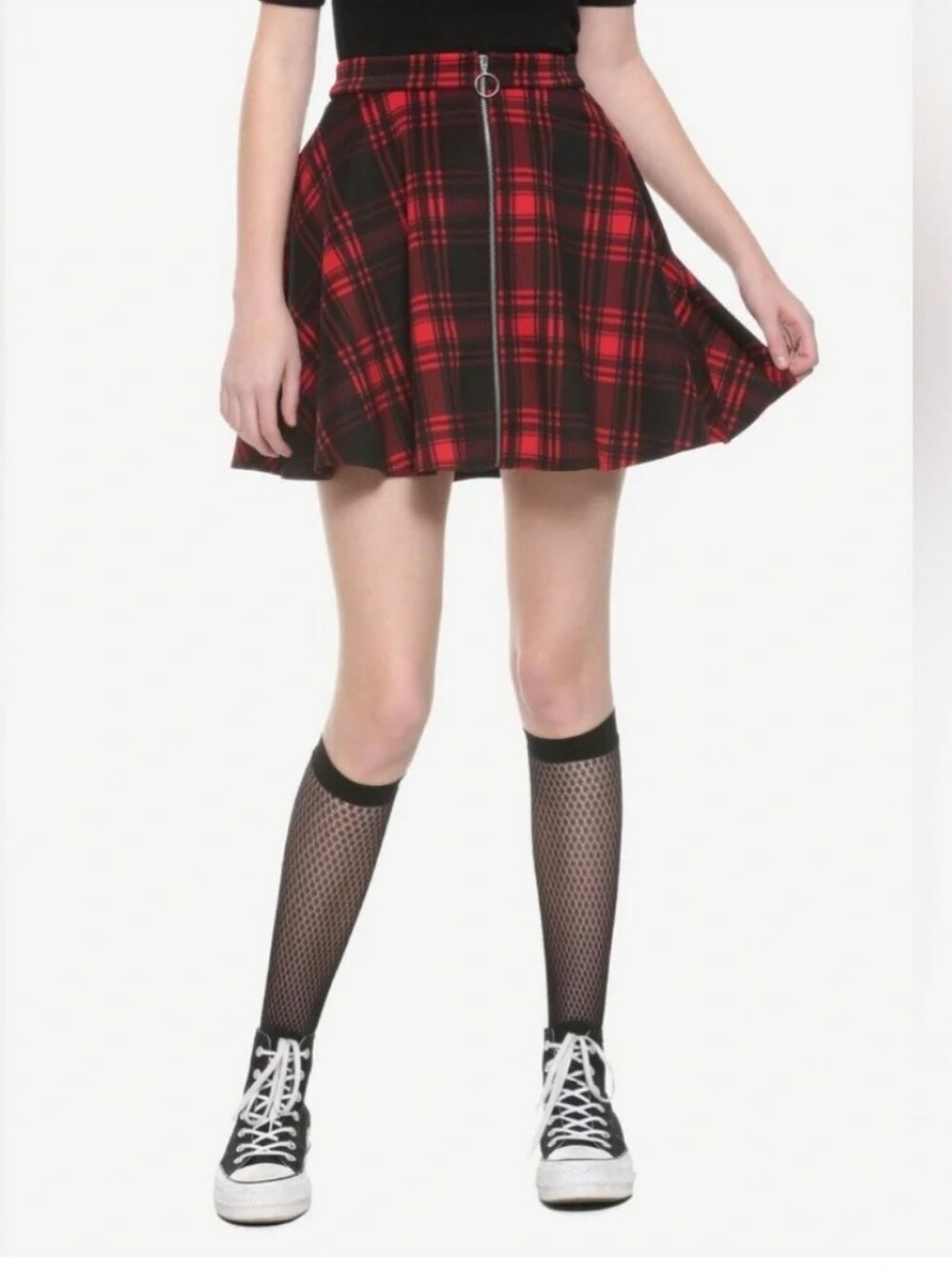 Hot Topic Red & Black Plaid Skater Mini Skirt Hip Pockets O-Ring Zip Y2k Size M